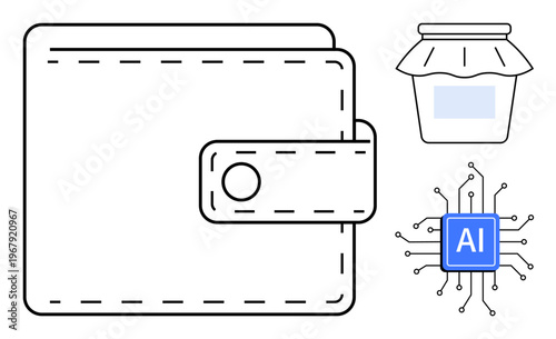 Fintech, savings, AI technology, food preservation, finance, and modern security. Wallet, AI chip and jar illustration with clear minimal outlines. Fintech and savings conceptually