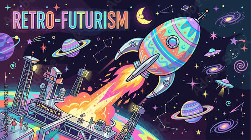 Vibrant Retro-Futuristic Cosmic Adventure Scene Depicting a Psychedelic Rocket Launching from an Extraterrestrial Base Amongst Swirling Galaxies and Celestial Wonders.