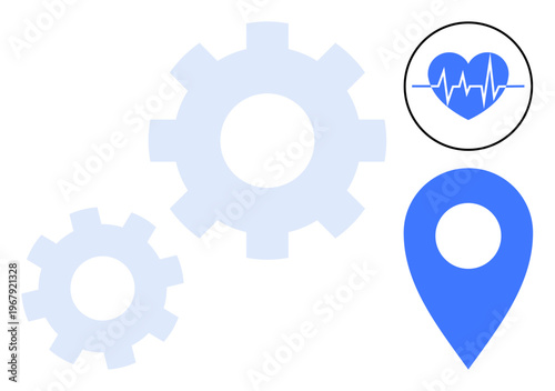 Engineering, healthcare, navigation, technology, GPS integration, medical innovation. Gears, heart with pulse line and a location icon. Engineering and healthcare concepts combining technology