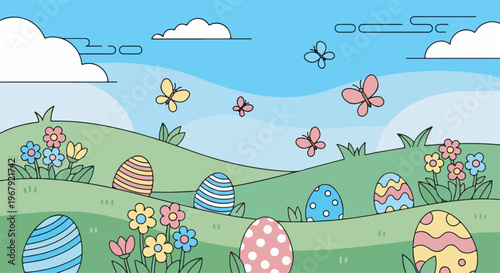 A cheerful cartoon landscape with rolling green hills, colorful Easter eggs, blooming flowers, and butterflies under a bright blue sky.