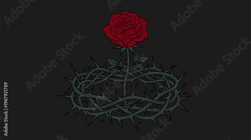 Dazzling Crimson Rose Emerges from Thorny Crown Symbolizing Love's Struggle Enduring Beauty Against Adversity Romantic Devotion Amidst Painful Challenges and The Triumph of Affection.