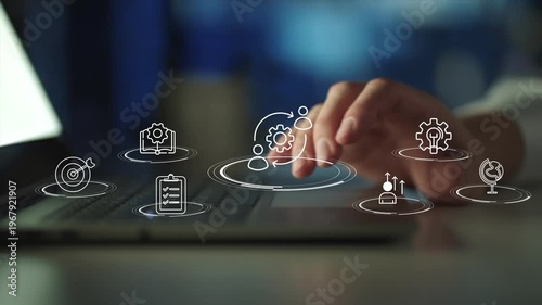Change management  concept with professional presenting digital team interface, leadership alignment and workforce transition planning organizational transformation process, 