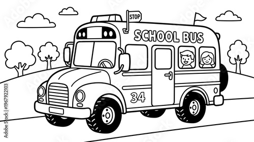 Joyful Children Riding in a Classic Yellow School Bus Traveling to Educational Adventures on a Scenic Road with Rolling Hills and Trees Depicting Transportation and Learning