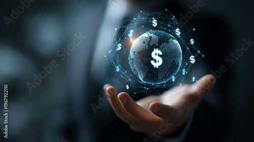 A businessman holding a glowing digital globe with a dollar sign in his hand representing financial technology and investment