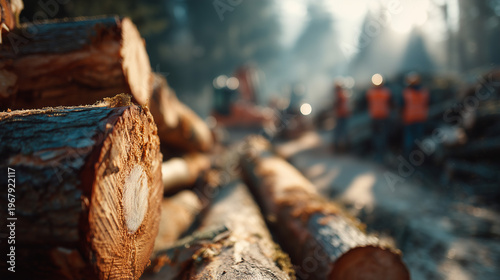 Workers in orange vests are logging and cutting trees in a forest for wood production and processing operations