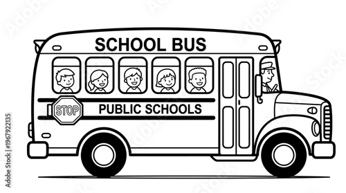 Vintage Line Art Depiction of a Classic Yellow School Bus Transporting Happy Children and a Driver Symbolizing Education and Childhood Journeys Across Neighborhoods for Learning Adventures.