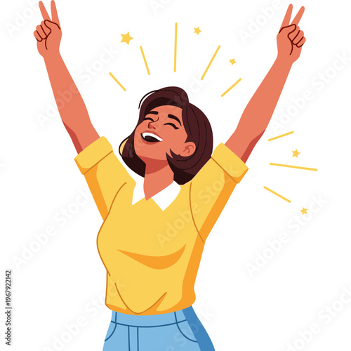 A woman celebrates with raised arms and peace signs in a joyful scene