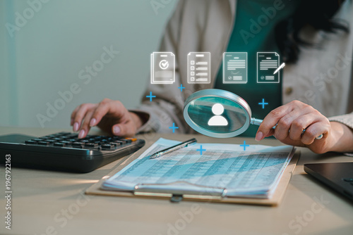 HR professional reviewing employee data magnifying glass and icons, representing recruitment, candidate screening, data analysis, and hiring process. Human resources