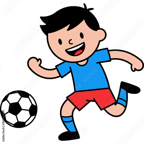 A boy kicks a soccer ball with happiness on his face in a playful action event.
