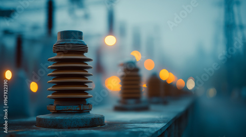 Electrical insulators on a concrete fence line up with blurred background lights in an industrial setting at dusk or dawn.