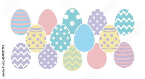 A collection of colorful Easter eggs with various patterns and pastel colors arranged on a white background.