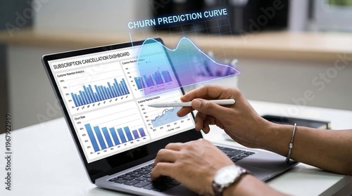 Analyzing a churn prediction curve on a laptop dashboard, showcasing business analytics and customer retention strategies