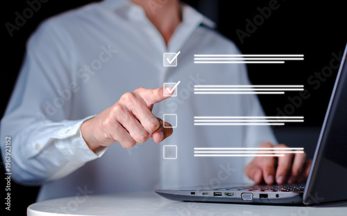 Business professional completing checklist financial representing audit, data verification, accounting process and task management. Accuracy compliance and workflow