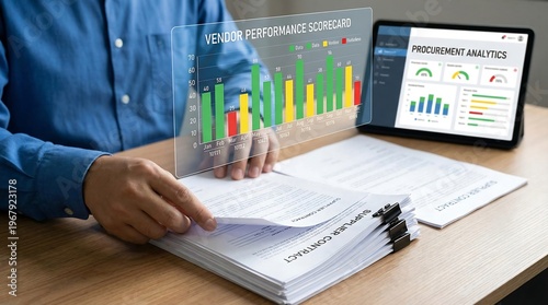 Close-up of hands reviewing documents with a digital dashboard displaying procurement analytics and vendor performance data