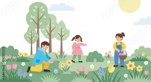 Children enjoying an Easter egg hunt in a vibrant spring garden filled with colorful flowers and green trees under a sunny sky.