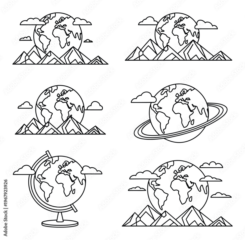 Fototapeta premium Earth Globe Vector Illustrations with Mountains and Clouds