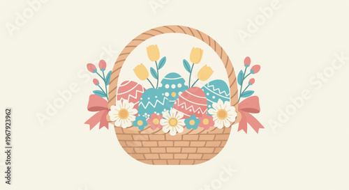 A charming illustration of a woven Easter basket filled with colorful decorated eggs, yellow tulips, white daisies, and pink bows, set against a light background.