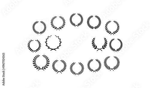 Roman laurel wreath silhouette icons in circular arrangement black flat vector set for emblem and logo design