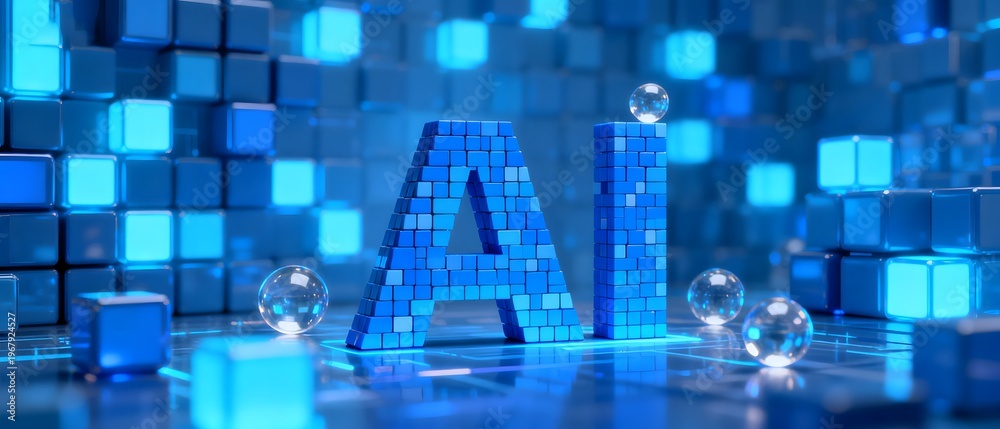 Fototapeta premium Blue pixelated AI letters with glass spheres