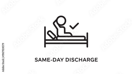 Same-Day Discharge Icon, Line Art Illustration of Patient in Hospital Bed with Check mark Symbolizing Quick Medical Release, Efficient Healthcare Service and Fast Recovery Concept Design Element