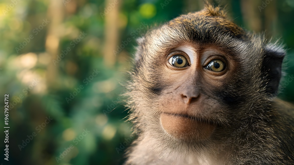 Fototapeta premium Cute monkey portrait captured in soft forest light with detailed eyes and fur texture