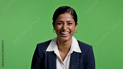 Professional Businesswoman Laughing Happy Portrait Against Green Background