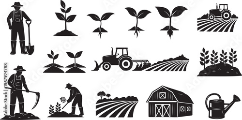 Agricultural icons and farming tools in black silhouette style collection