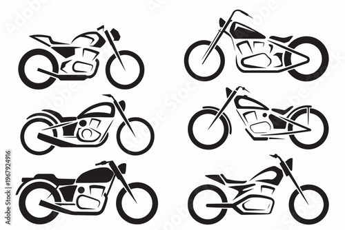 Six black minimalist motorcycle silhouette on white background