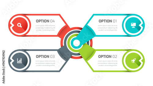 Business Infographic Template with Circle Label, 4 Options and Icon for Presentation