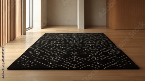 Contemporary geometric black and white area rug in minimalist interior setting