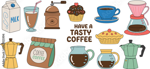 Colorful coffee and dessert vector illustration set with milk iced drink grinder cupcake pie cup pot beans maker elements