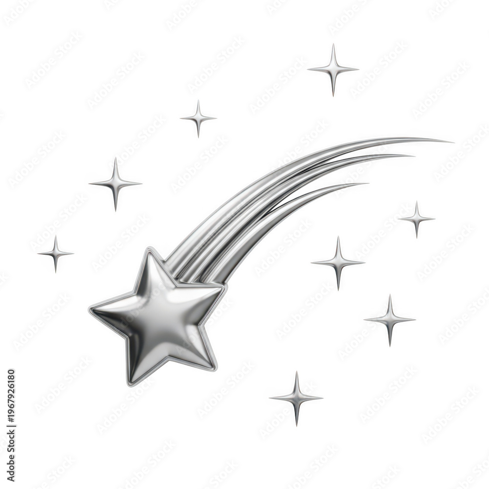 Obraz premium 3d metallic shooting star with trail and sparkles isolated on transparent background