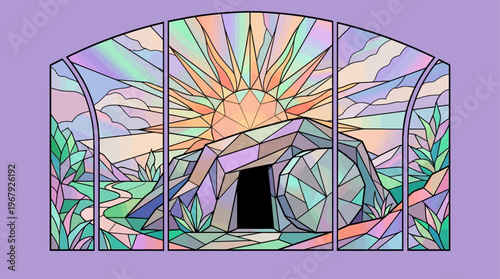 Radiant Sunrise Illumines Empty Tomb Depicted as Jeweled Stained Glass Art Symbolizing Resurrection and Divine Hope a Serene Landscape Scene