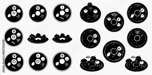 Set of black and white vector illustrations of various food items and dishes on plates, viewed from different angles.