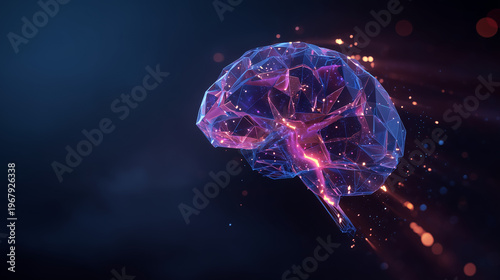A glowing purple and pink brain with neon sparks represents artificial intelligence and neuroscience concepts in a futuristic setting
