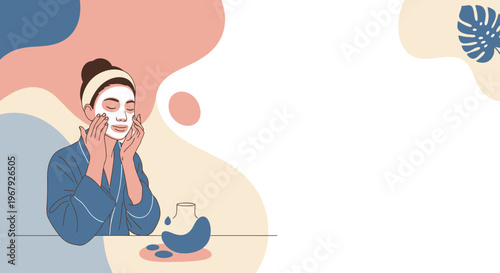 Young Woman Applying White Facial Mask for Skincare and Self-Care Treatment Illustration