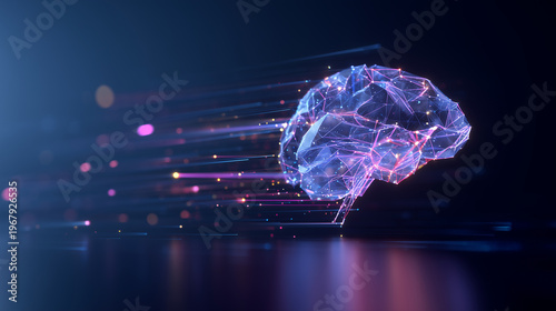 A glowing digital brain with neural connections and light trails represents advanced artificial intelligence and machine learning concepts in technology.