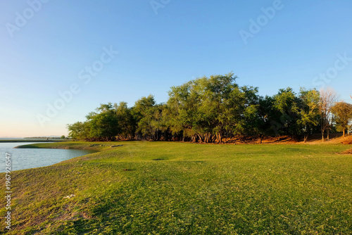 A beautiful view of grasslands and a river.