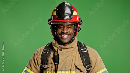 Smiling firefighter in gear with green screen background