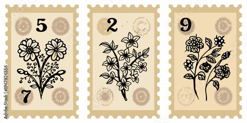 Vintage postage stamps featuring floral designs and numerical values