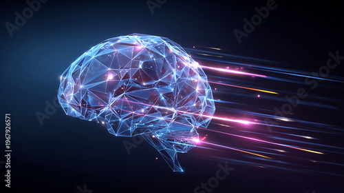 A glowing blue wireframe brain with vibrant pink and orange light trails emanates from it on a