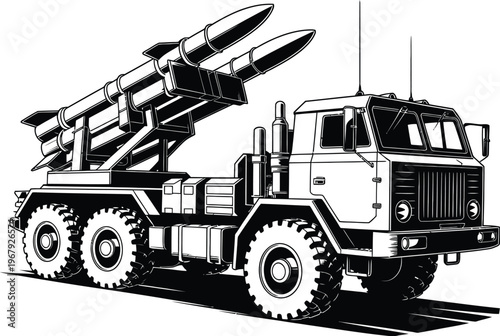Military missile truck illustration, large defense vehicle carrying multiple long range missiles for army transportation and strategic warfare concept.