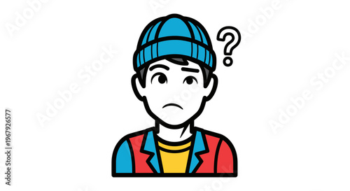 Vector Illustration of a Confused Young Man with a Question Mark, Thinking Person Avatar Icon Representing Doubt and Uncertainty