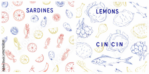 Sketch of seafood and citrus fruits with handwritten text labels