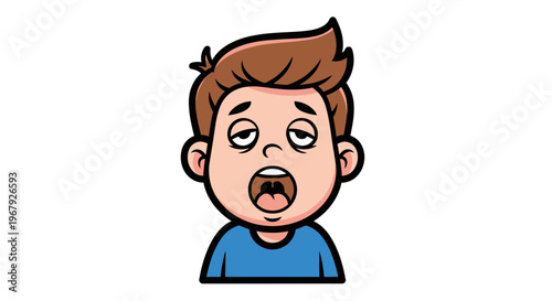Cartoon Illustration of a Tired Young Boy Yawning, Sleepy Character Mascot Expressing Fatigue