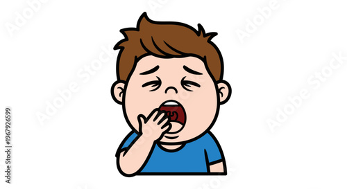 Little boy yawning and covering his mouth with his hand, feeling sleepy and tired cartoon vector illustration