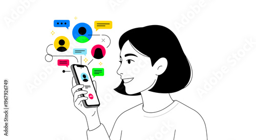 Young Woman Using Smartphone for Social Media Communication and Messaging Illustration