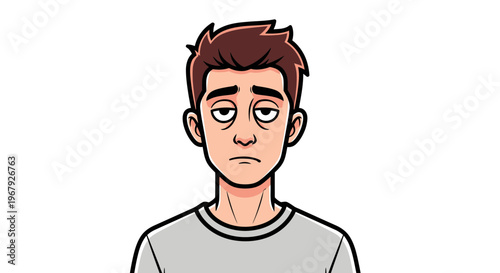 Exhausted and Tired Young Man Vector Illustration, Sad Male Character with Dark Circles Under Eyes and Sleepy Expression
