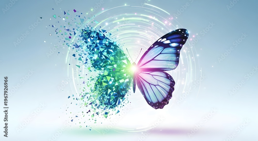Obraz premium A Unique Digital Artwork Showcasing A Butterfly, One Wing Composed Of Vibrant Geometric Fragments And The Other A Detailed Natural Wing, Representing Change And Progress.