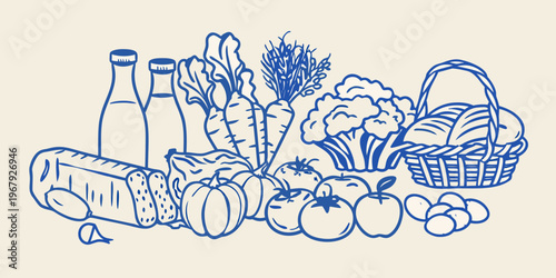 A blue line drawing depicts a basket and selection of fresh produce